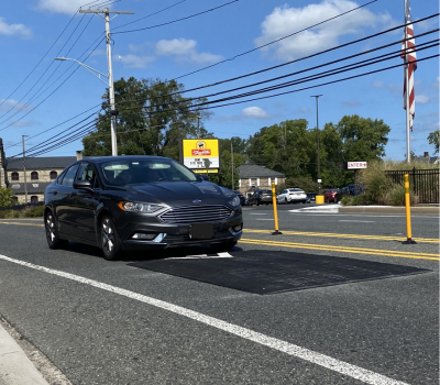 Photo of a car approaching a speed reduction device on Main Street, Bel Air, Maryland